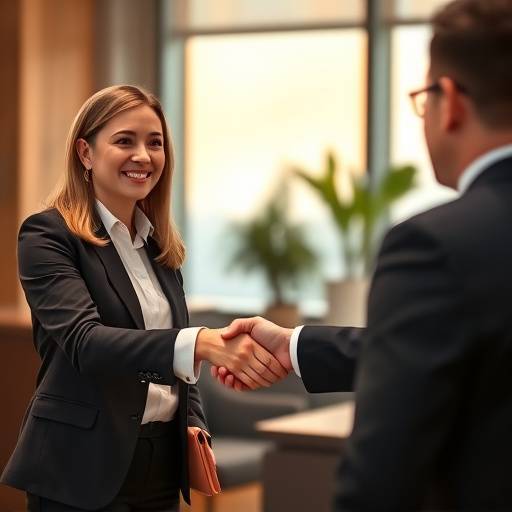 Confident candidate shaking hands with interviewer